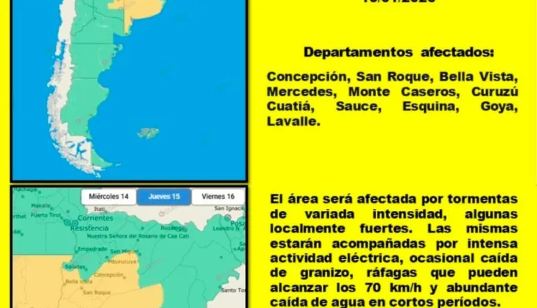 El COE emitió Alerta Amarilla "por tormenta" para 10 departamentos correntinos