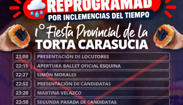 Por las condiciones climáticas, la Fiesta Provincial de la Torta Carasucia se realizará el domingo 11 de octubre