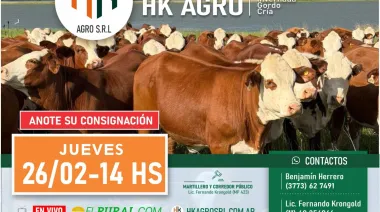 En Sociedad Rural de Goya: Primer remate 2026 de HK Agro, jueves 26-2-26