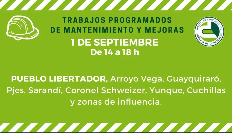 Esquina: trabajos programados de mantenimiento y mejoras en el servicio eléctrico