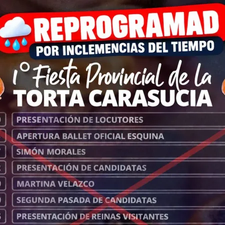 Por las condiciones climáticas, la Fiesta Provincial de la Torta Carasucia se realizará el domingo 11 de octubre